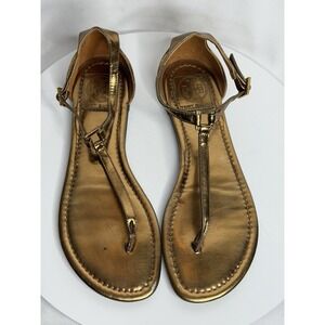 Tory Burch Metallic Leather T Strap Thong Sandals US 7.5 Gold Logo Flats